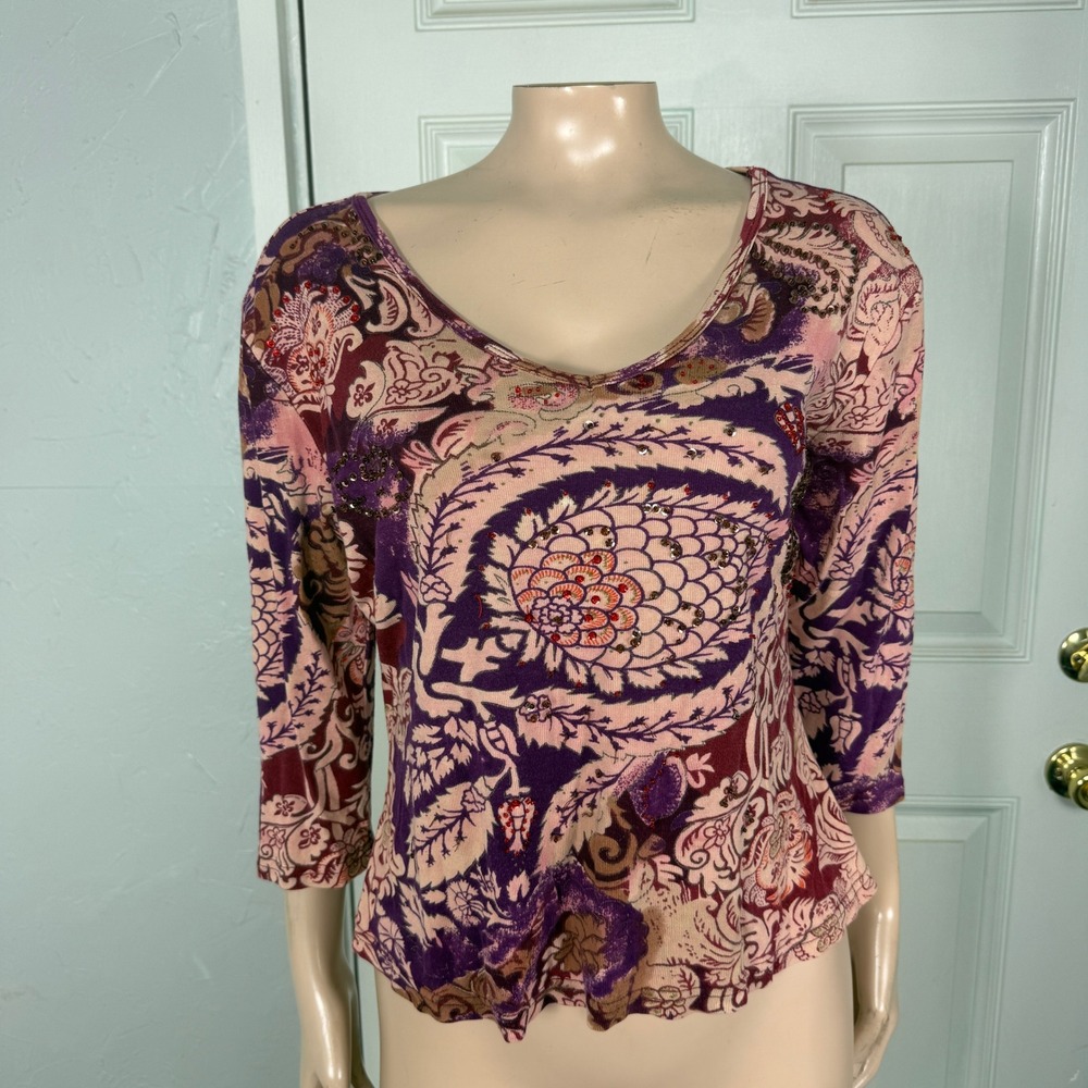 Vintage Y2K Shirt Forbidden Cotton Baby Tee Knit Medium Boheman Beaded NN17